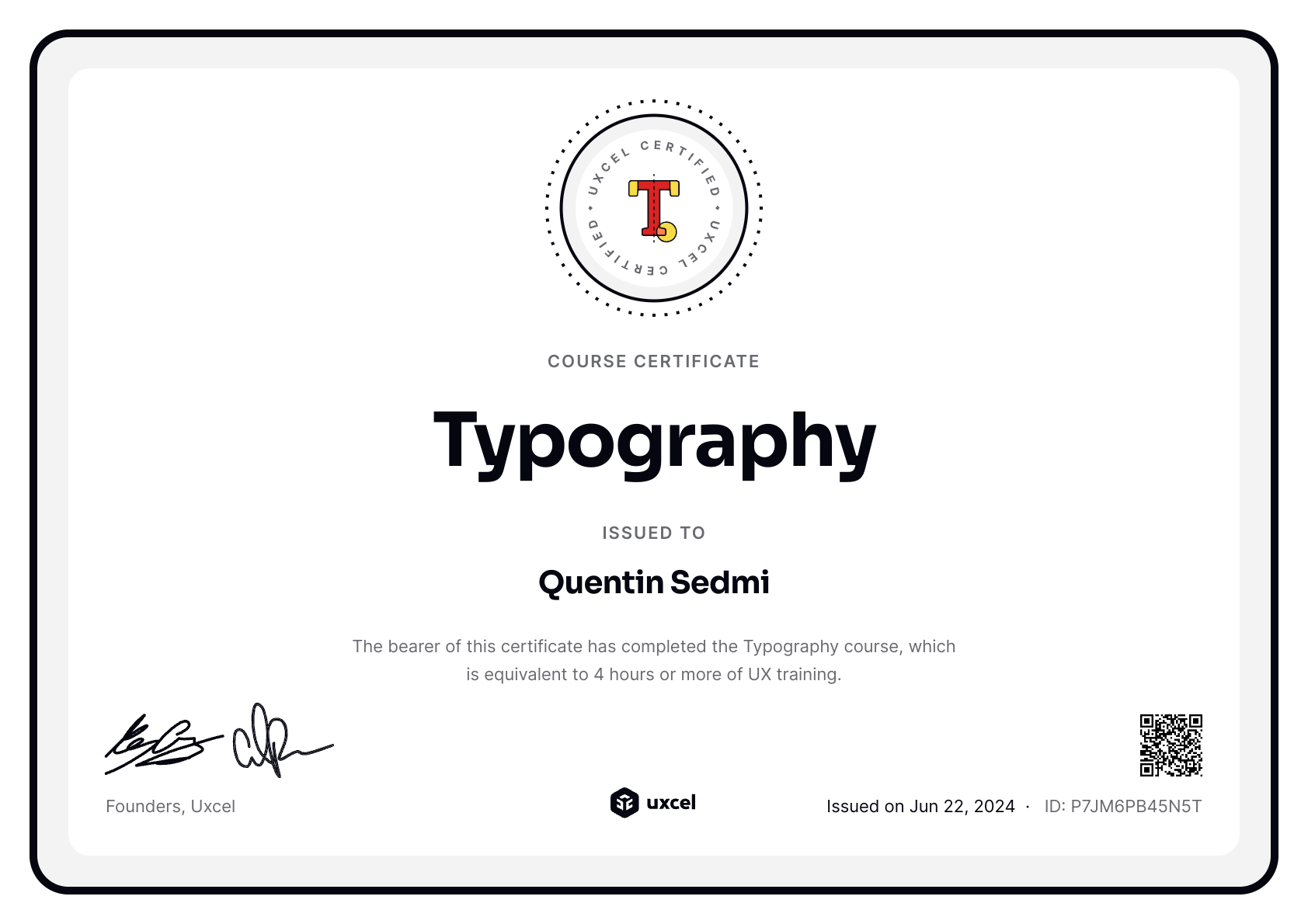 Quentin Sedmi's certificate